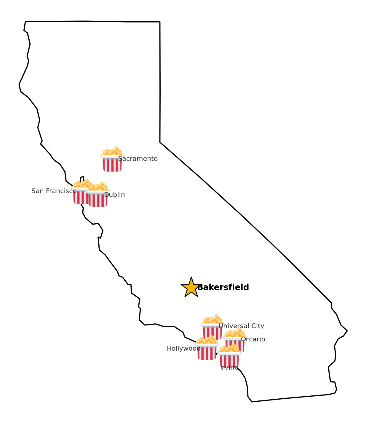 Map of California with a star marking Bakersfield and popcorn icons marking the cities that have large-format IMAX theaters